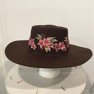 WYETH x Frida Kahlo Brown 100% Wool Wide Brim‎ Hat Floral Embroidery Hatband